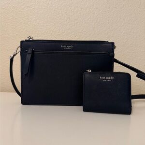 Kate Spade New York black leather crossbody bag with matching zip coin wallet.